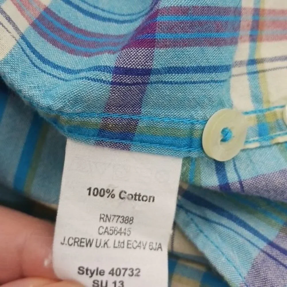 J Crew Mens L Summer Plaid Shirt Blue Button Down Long Sleeve Cotton Casual